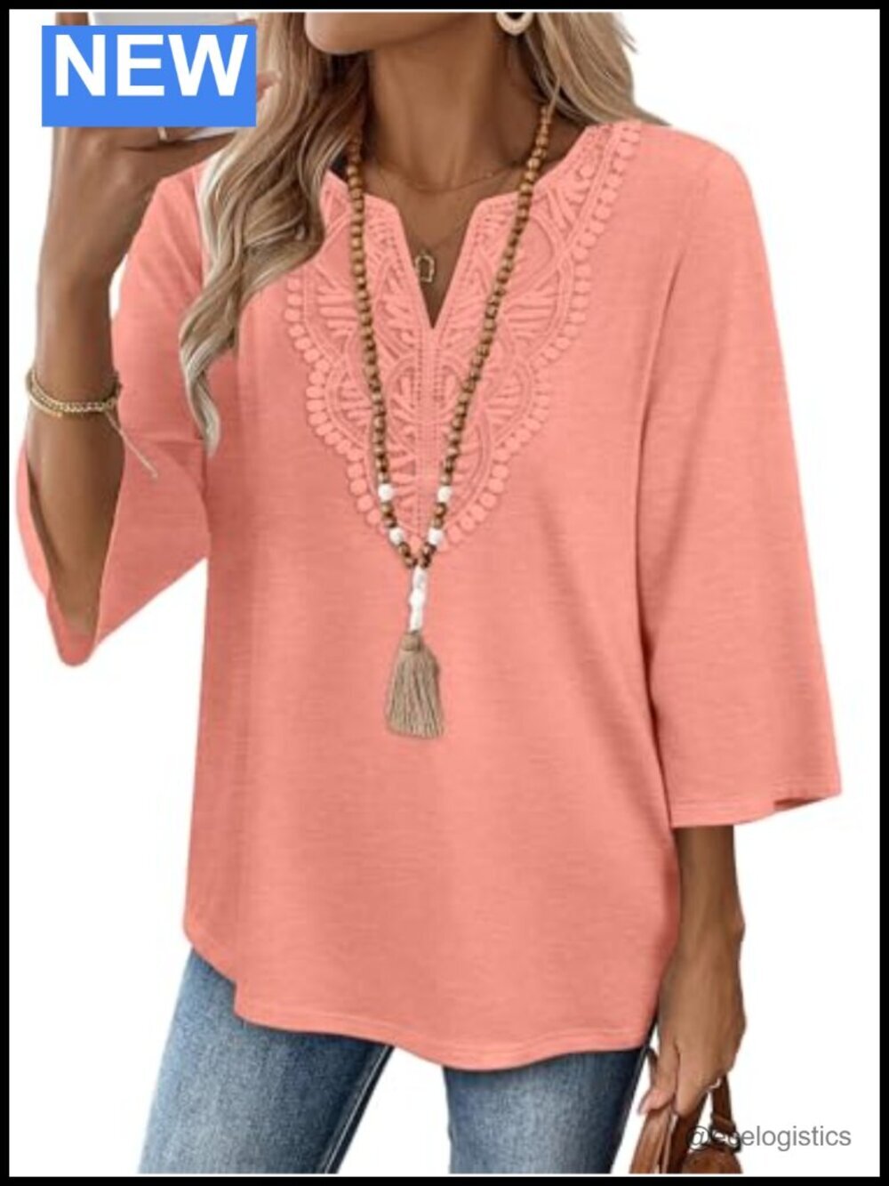 Boho V-Neck Lace Blouse 3/4 Sleeve Tunic Dressy Casual Top